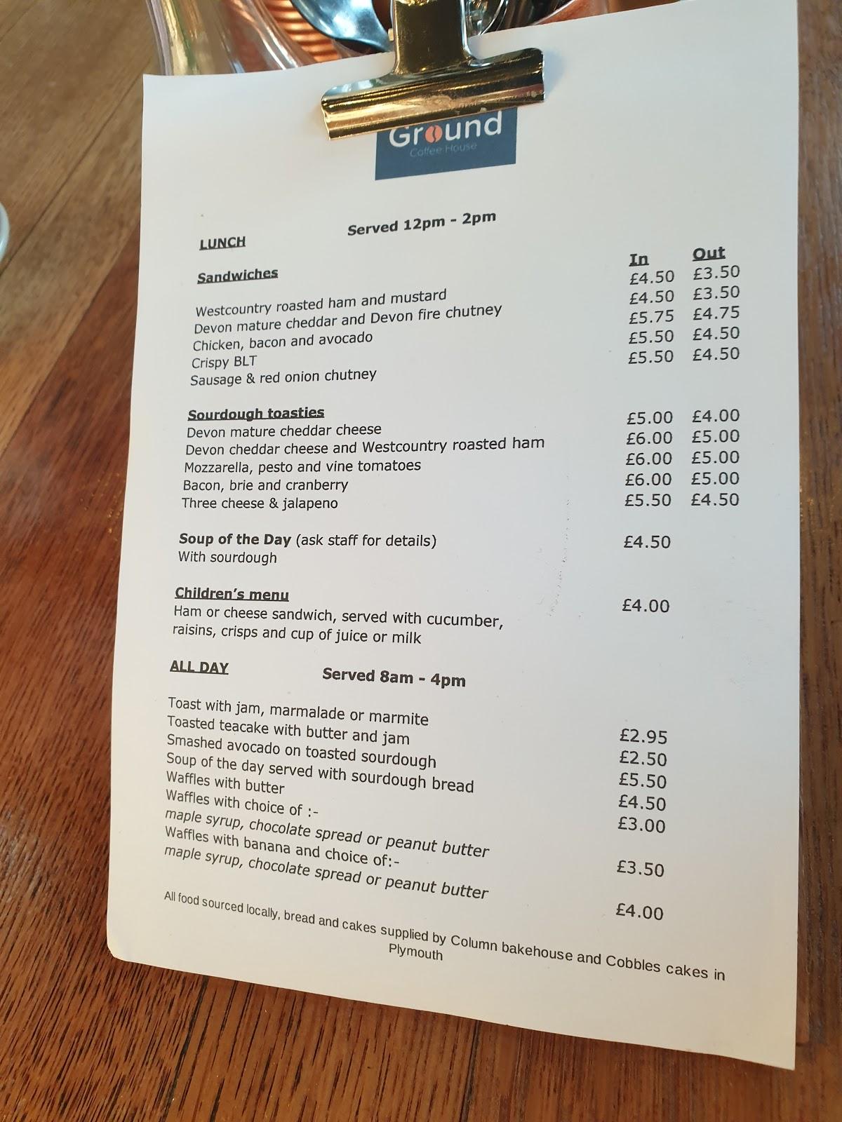 Menu at The Ground Coffee House, Plymouth