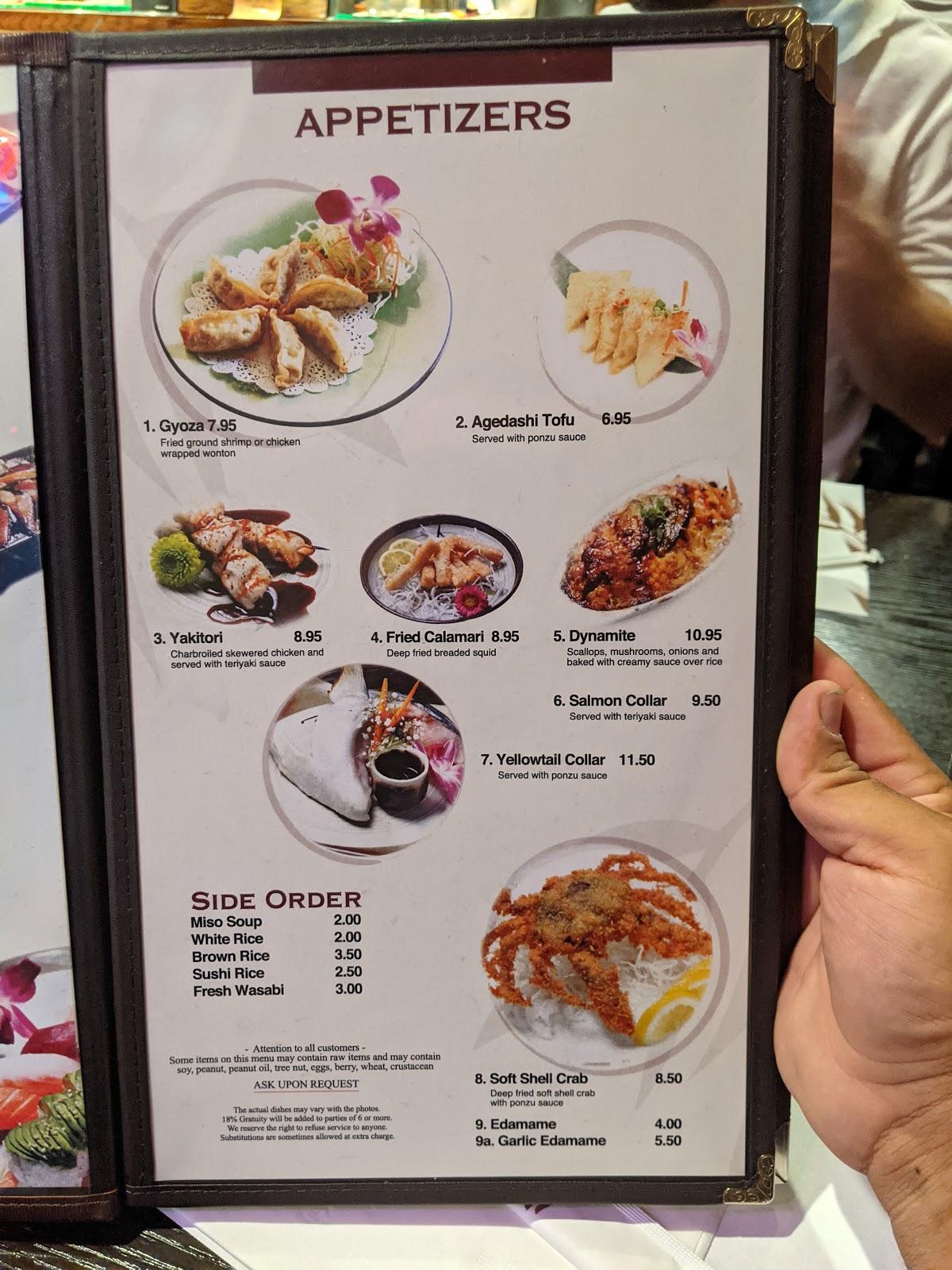 Menu at Wow Yanagi Sushi restaurant, Pismo Beach