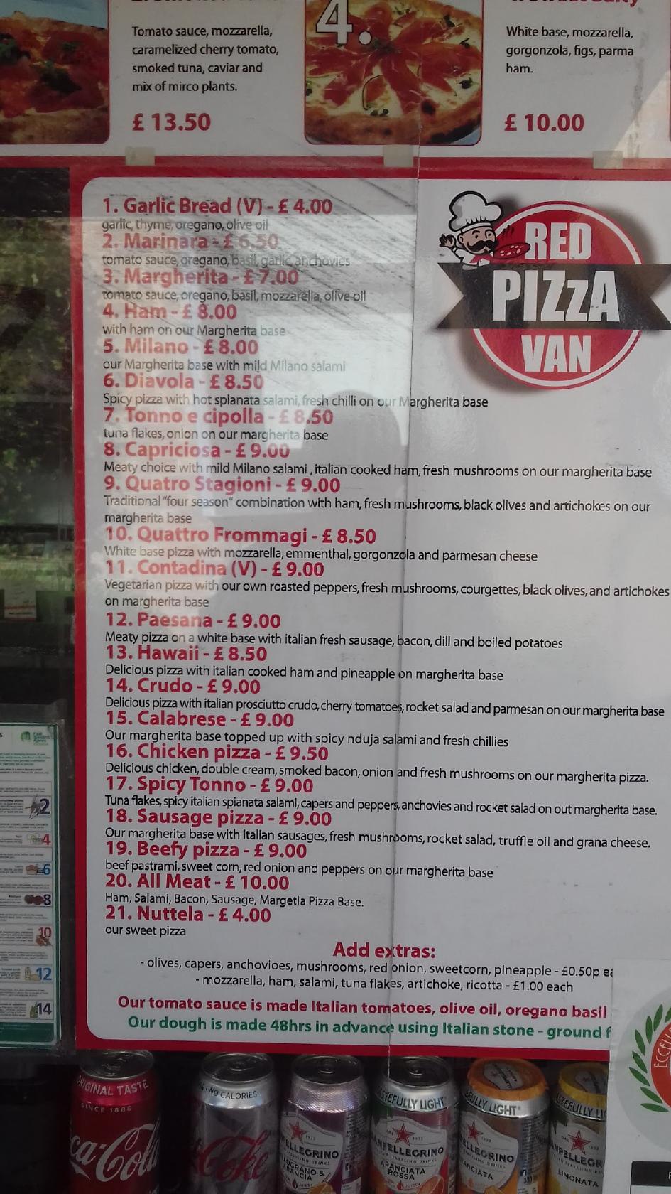 Menu at Big Red Pizza Van restaurant, Sevenoaks