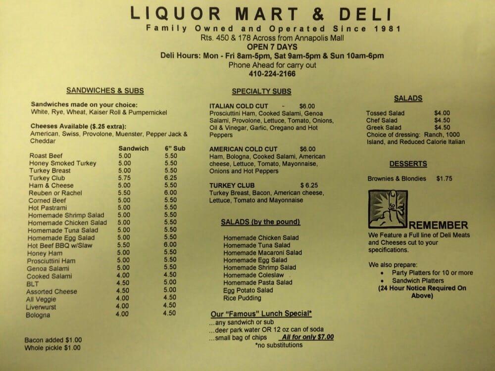 Menu at Liquor Mart & Deli, Annapolis