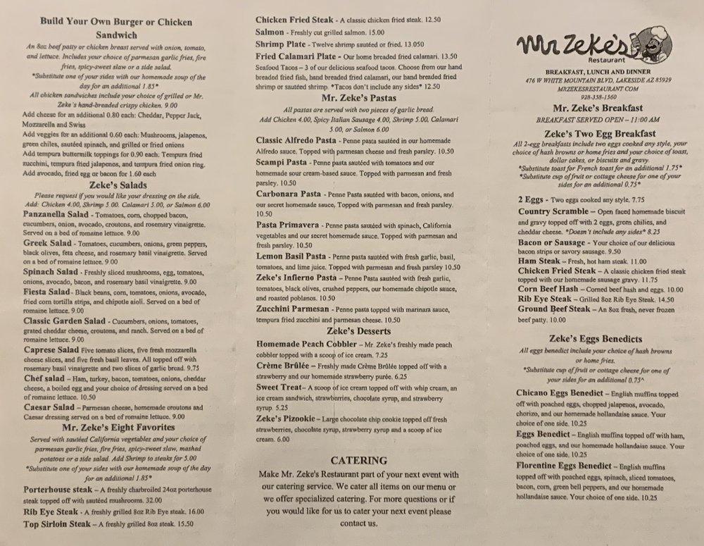 Menu at Mr. Zeke’s Restaurant,