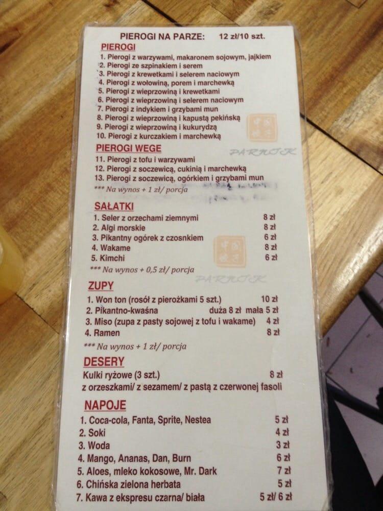 Menu at Parnik restaurant, Warsaw, Wolska 50A