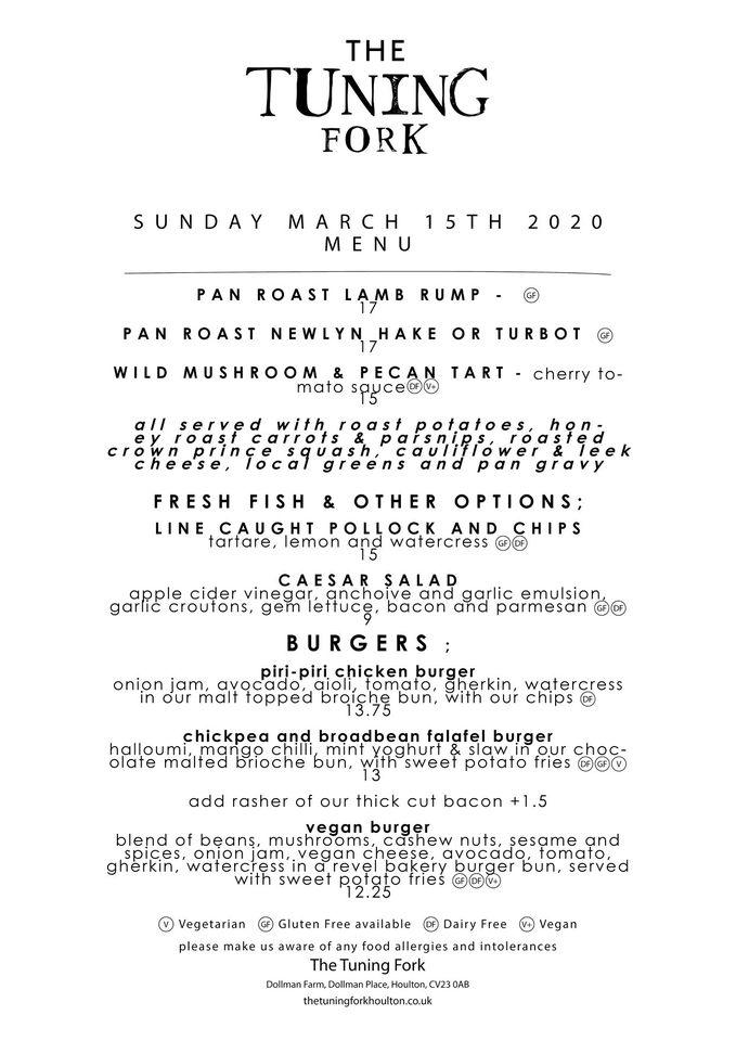Menu at The Tuning Fork restaurant, Rugby