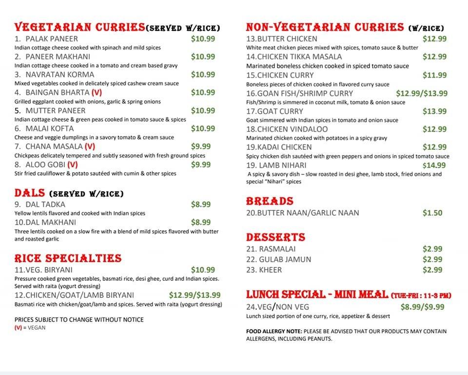 Menu at Curry Kitchen restaurant, Winter Garden