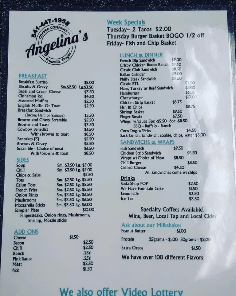 Menu at Angelina's Coffee Company, Prineville