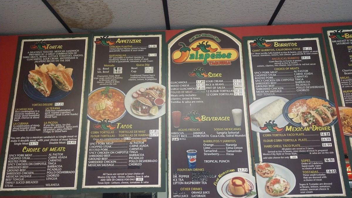 Menu at Jalapeños Taqueria restaurant, Keller