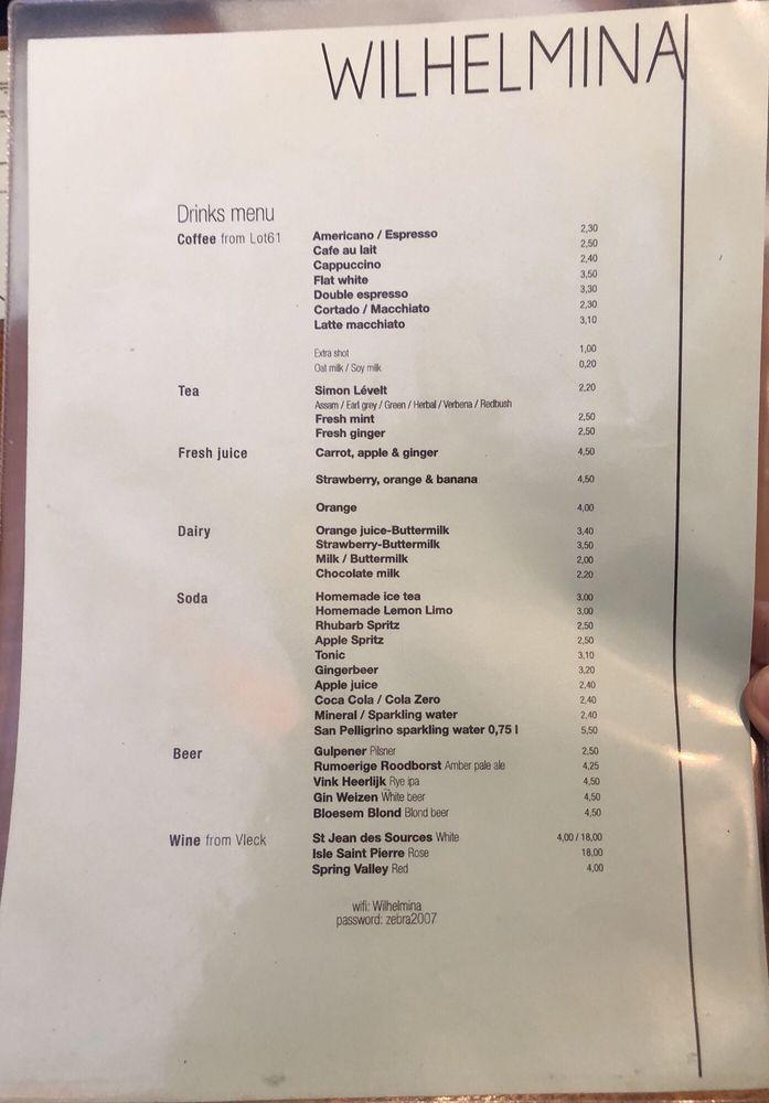 Menu at Lunchroom Wilhelmina, Amsterdam