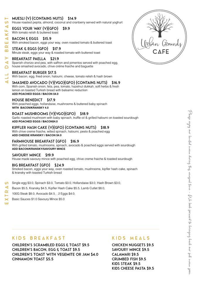 Menu at Urban Grounds Cafe, Toowoomba City