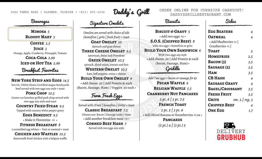 Menu at Daddy's Grill restaurant, Oldsmar