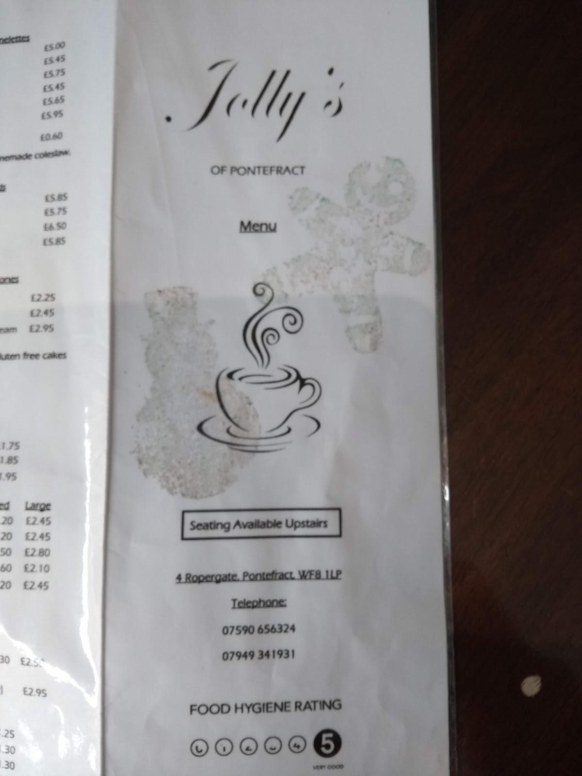 Menu at Jolly's cafe, Pontefract