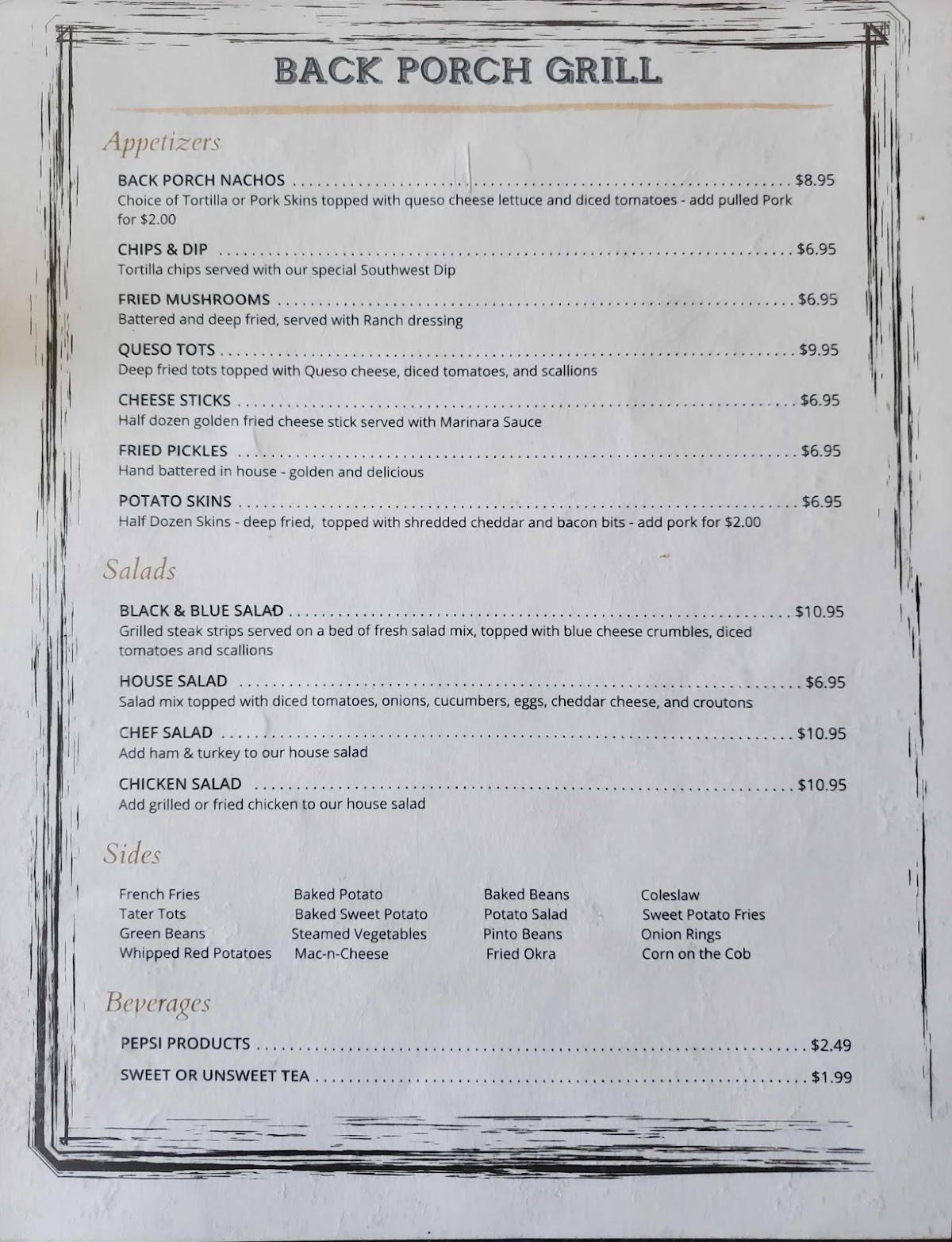 Menu at Back Porch Grill restaurant, Livingston