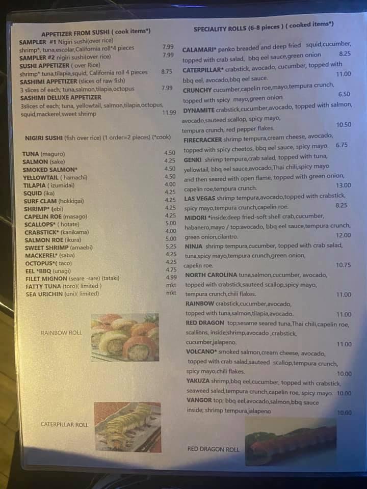 Menu at Hakata Teppanyaki, Sushi, and Ramen restaurant, Jacksonville