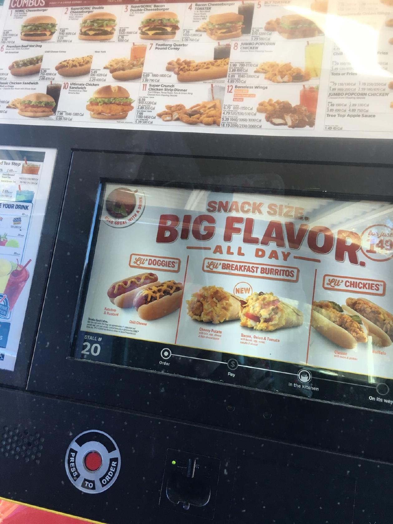 Menu at Sonic Drive-In fast food, Brandon