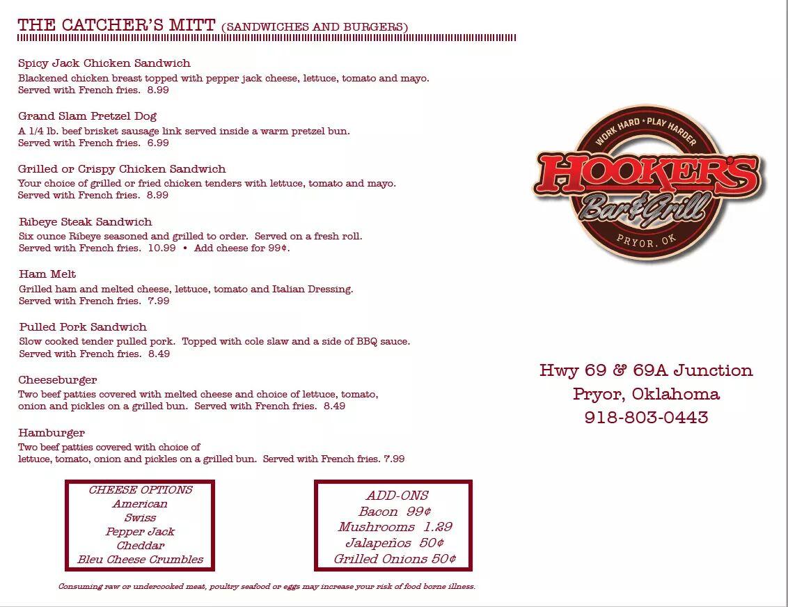 Menu at Hooker's Bar And Grill, Pryor