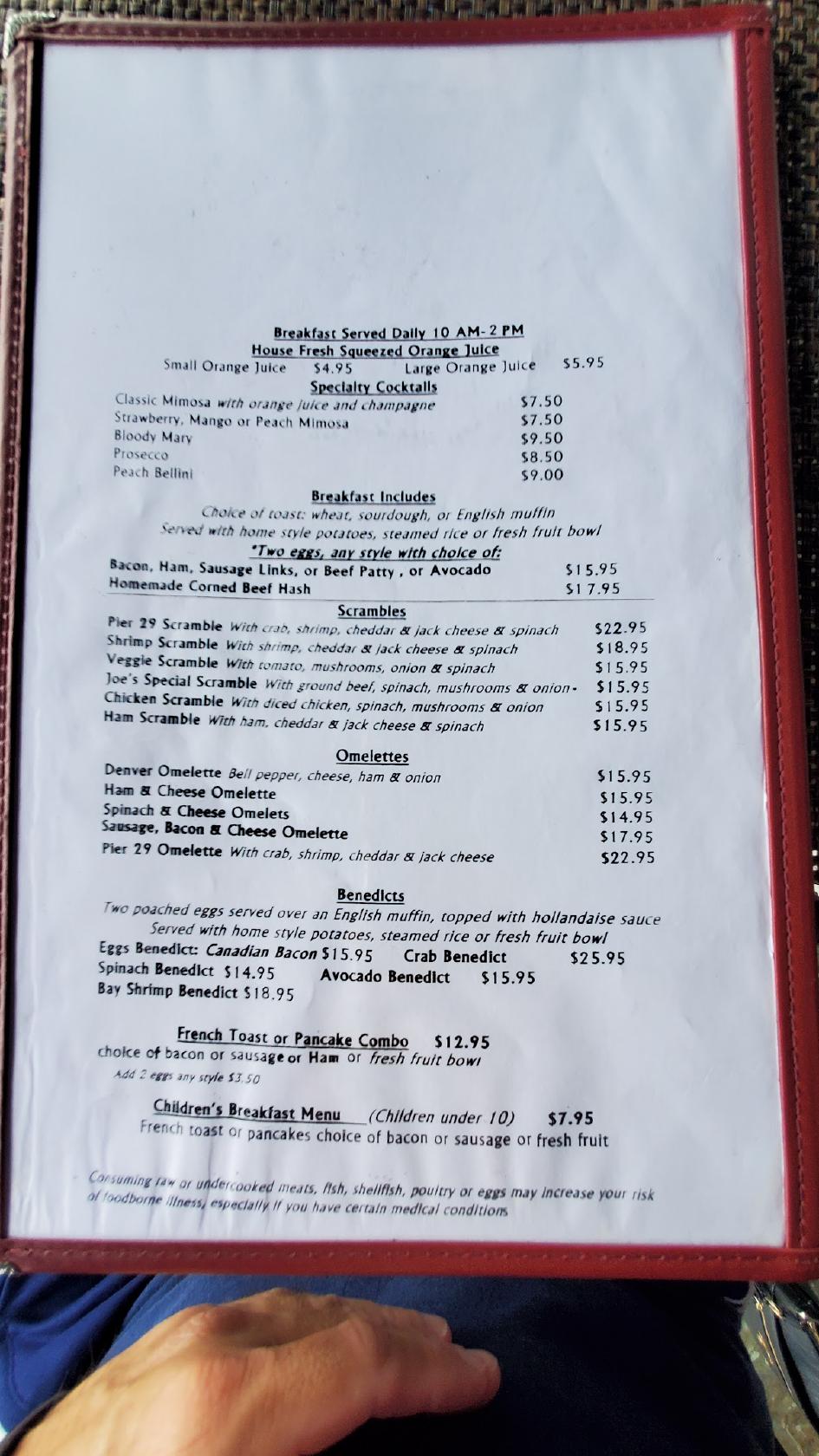 Menu at Pier 29 Waterfront Restaurant & Bar, Alameda