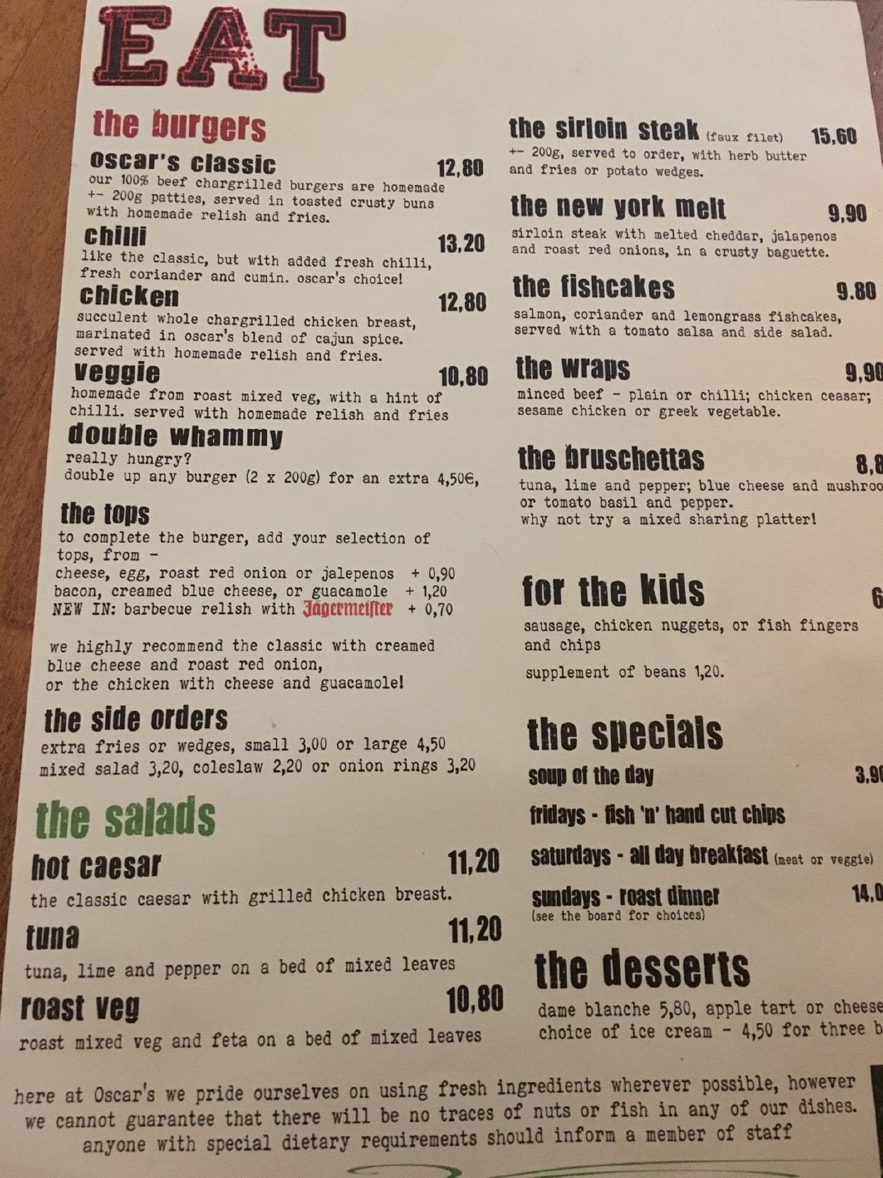 Menu at Oscar's Bar, Luxembourg City