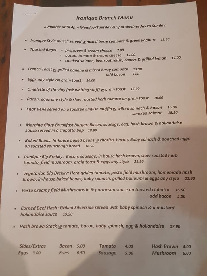 Menu at Ironique Cafe, Te Aroha
