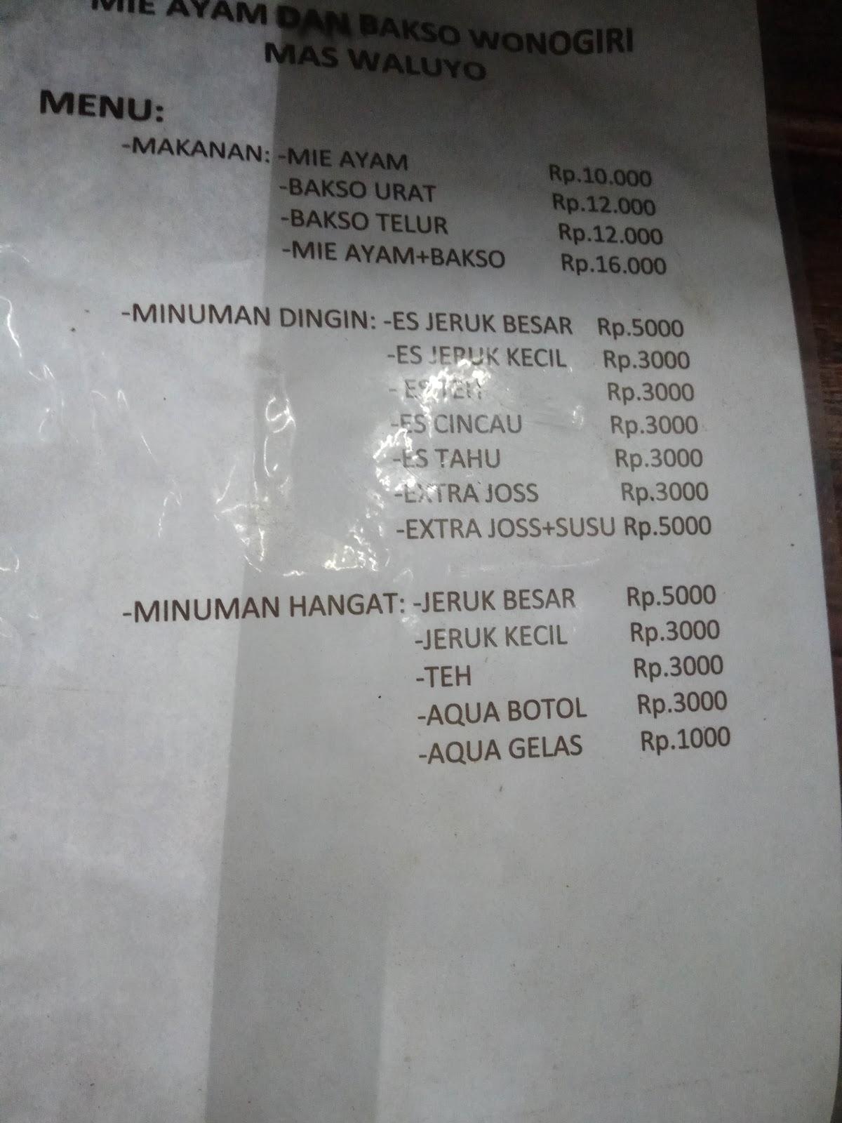 Menu At Mie Ayam Bakso Wonogiri Mas Waluyo Restaurant Singkawang