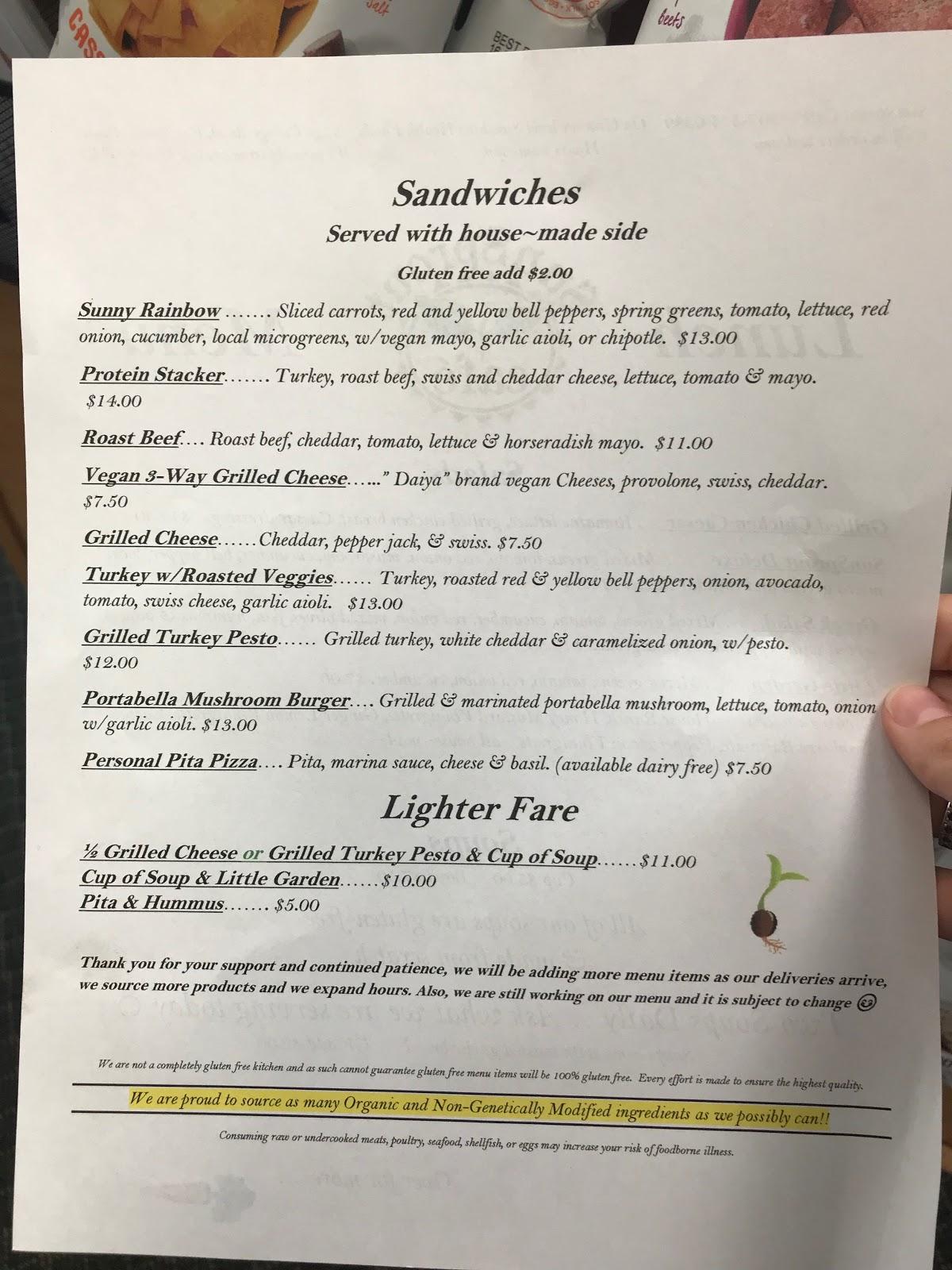 Menu at Sunsprout Cafe, Fairbanks