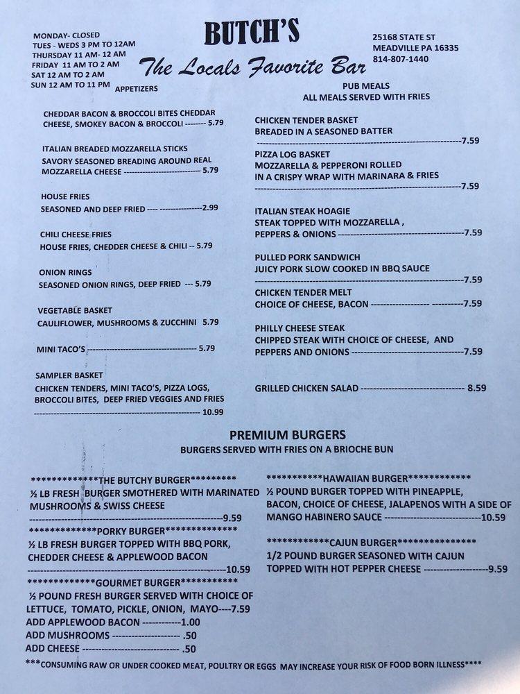 Menu at Butch's Pub, Blooming Valley