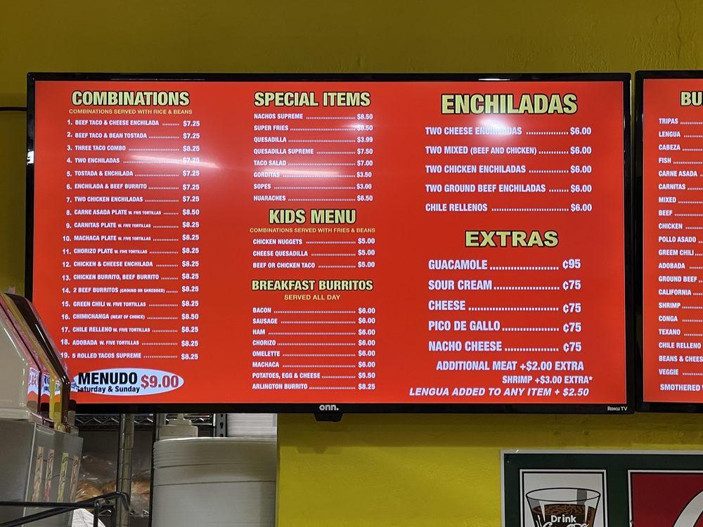 Menu at Gilberto's Taco Shop restaurant, Arlington