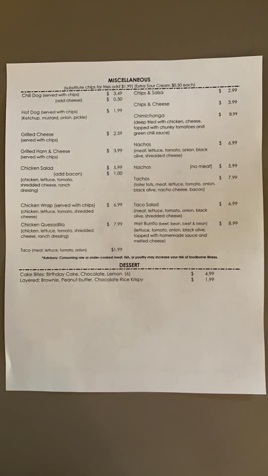 Menu at Howard City Lanes, Howard City