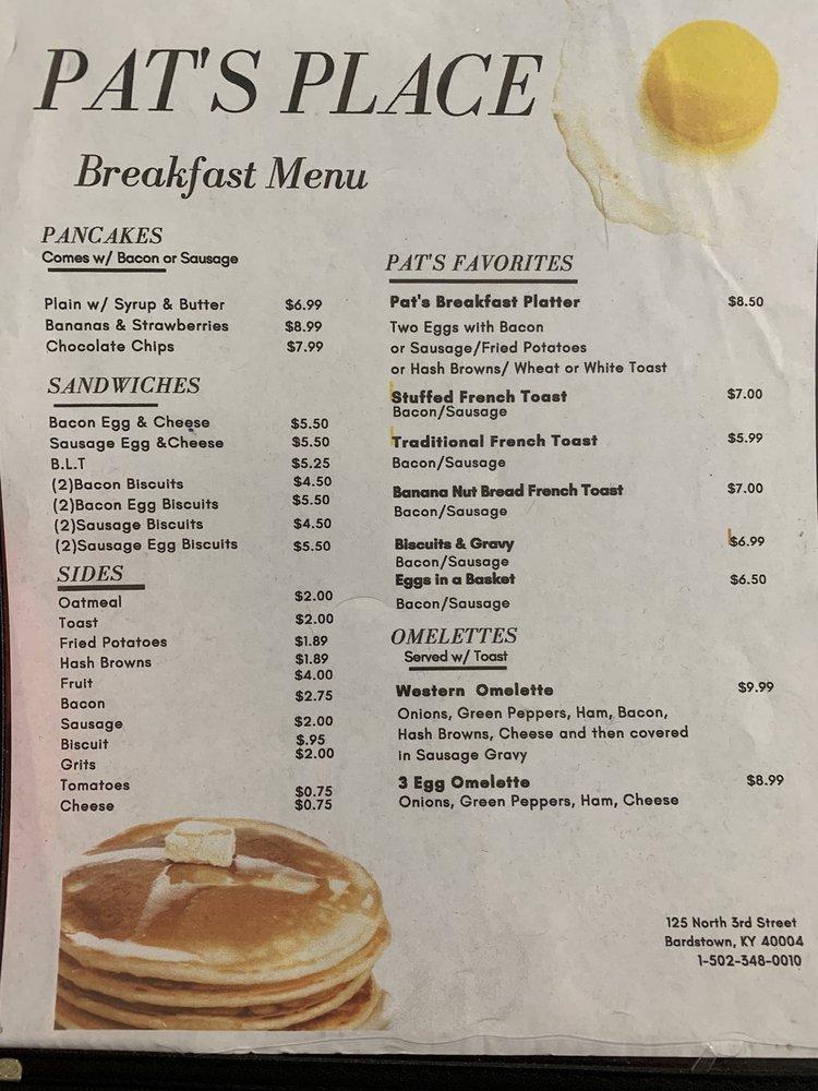 Menu at Pat's Place restaurant, Bardstown