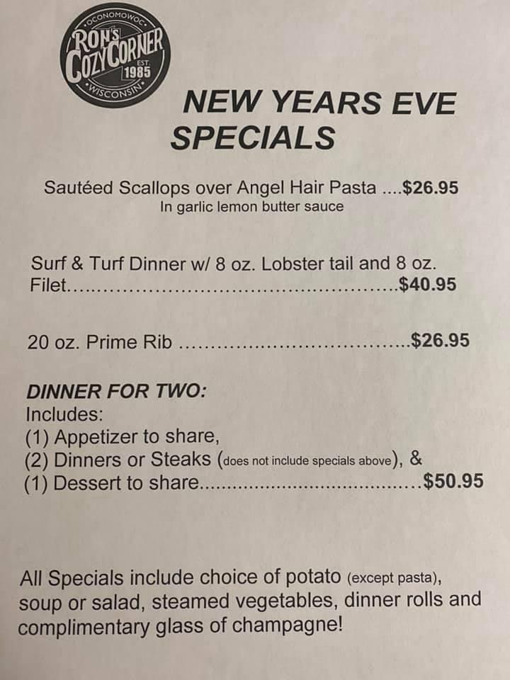 Menu at Ron's Cozy Corner pub & bar, Oconomowoc, W359N5920 Brown St