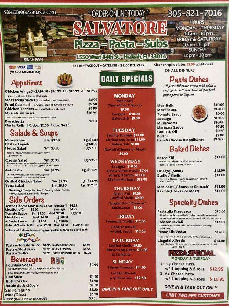 Menu at Salvatore Pizza &amp; Pasta pizzeria, Hialeah