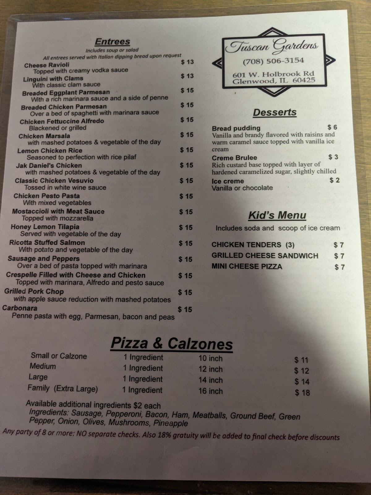 Menu at Tuscan Gardens Pub & Banquets, Glenwood