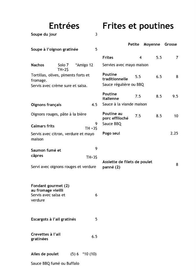 Menu au Motel Lazaro SaintLazaredeBellechasse restaurant, Saint