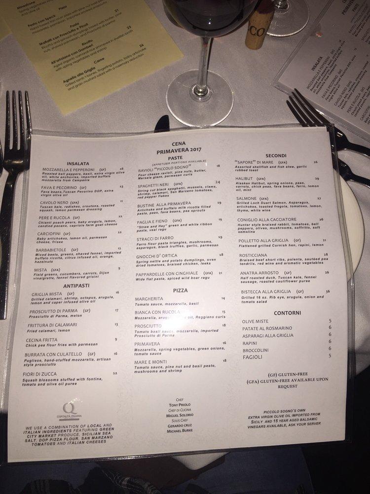 Menu at Piccolo Sogno restaurant, Chicago, 464 N Halsted St