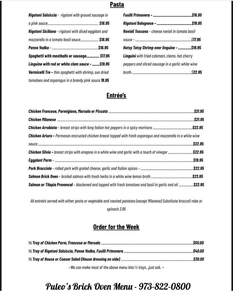 Menu at Puleo's Brick Oven restaurant, Florham Park