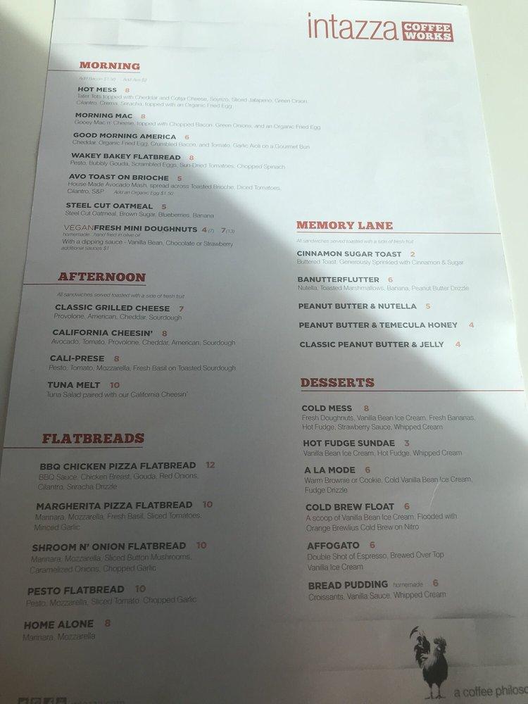 Menu At Intazza Coffee Works Cafe, Murrieta, Sky Canyon Dr Bldg B