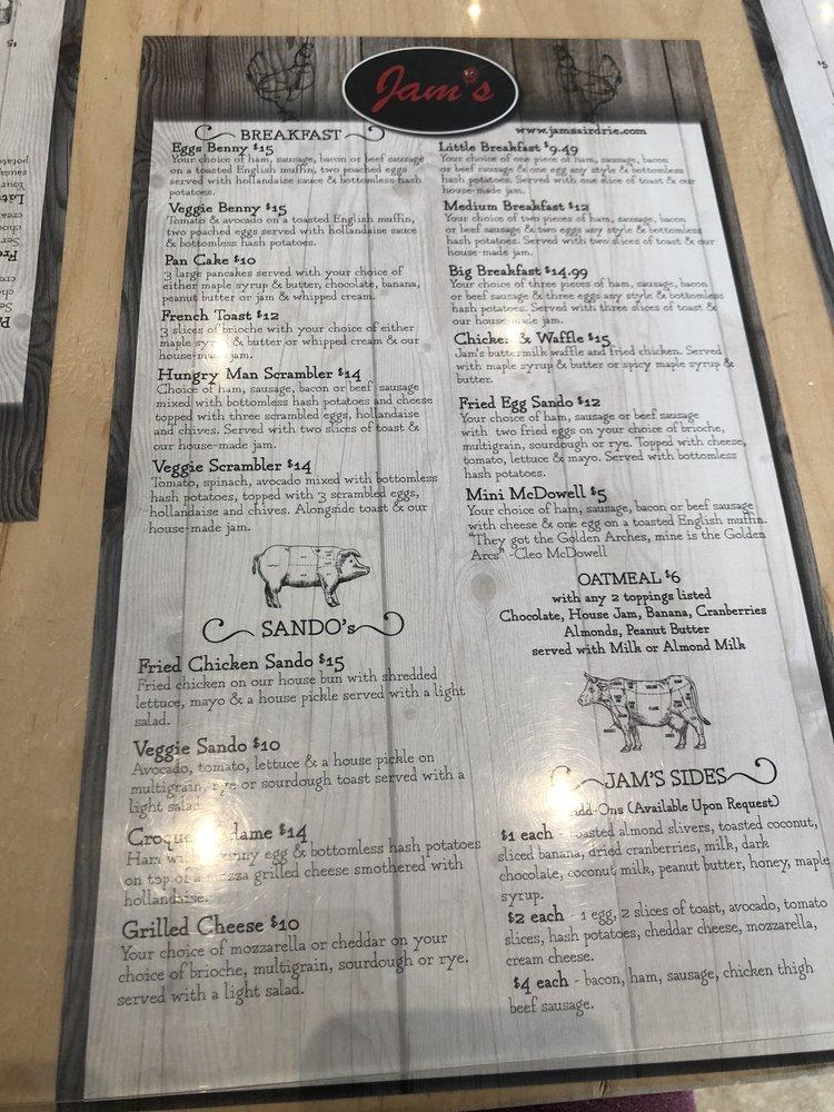 Menu at Jam's restaurant, Airdrie