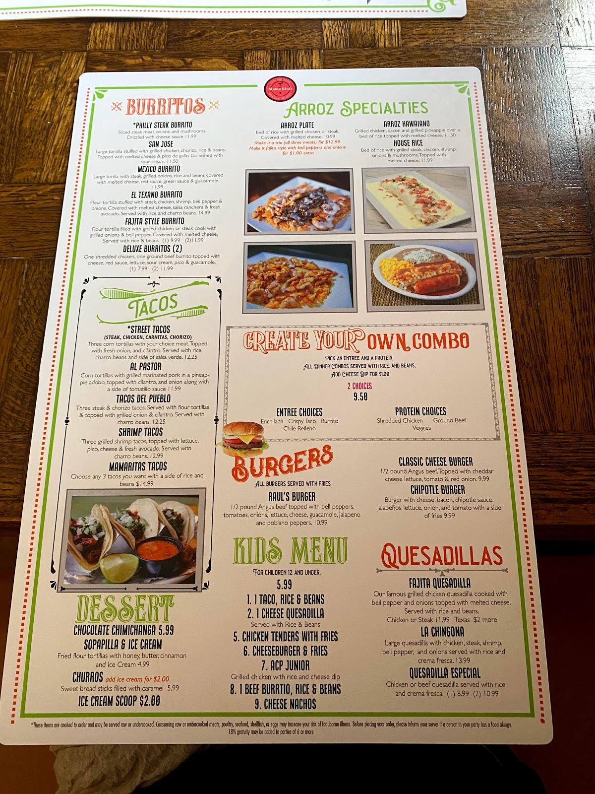 Menu at MamaRitas Mexican Restaurant & Bar, Camilla