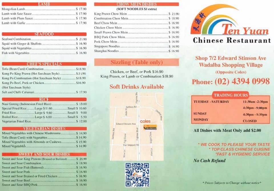 Menu at TenYuan Chinese Restaurant, Wadalba