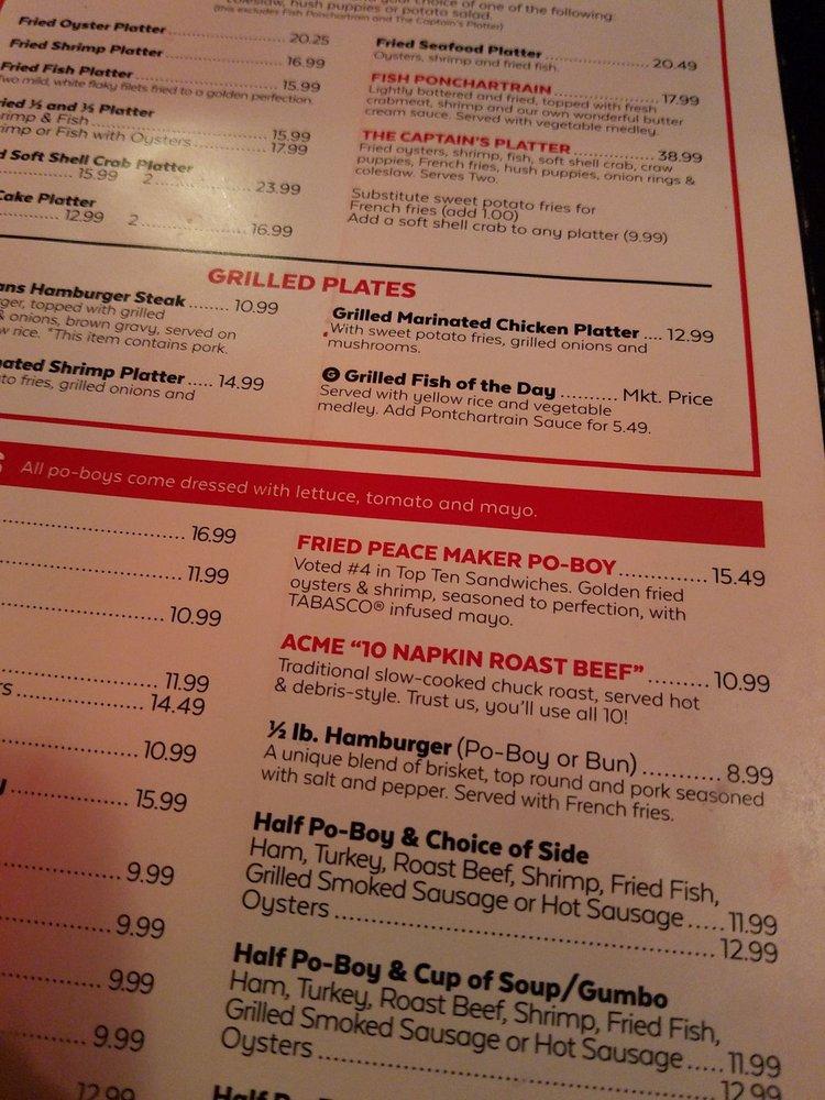 Menu at Acme Oyster House restaurant, Baton Rouge, Perkins Rd