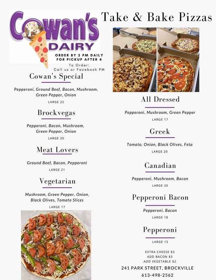 Menu at Cowan's Dairy Bar, Brockville
