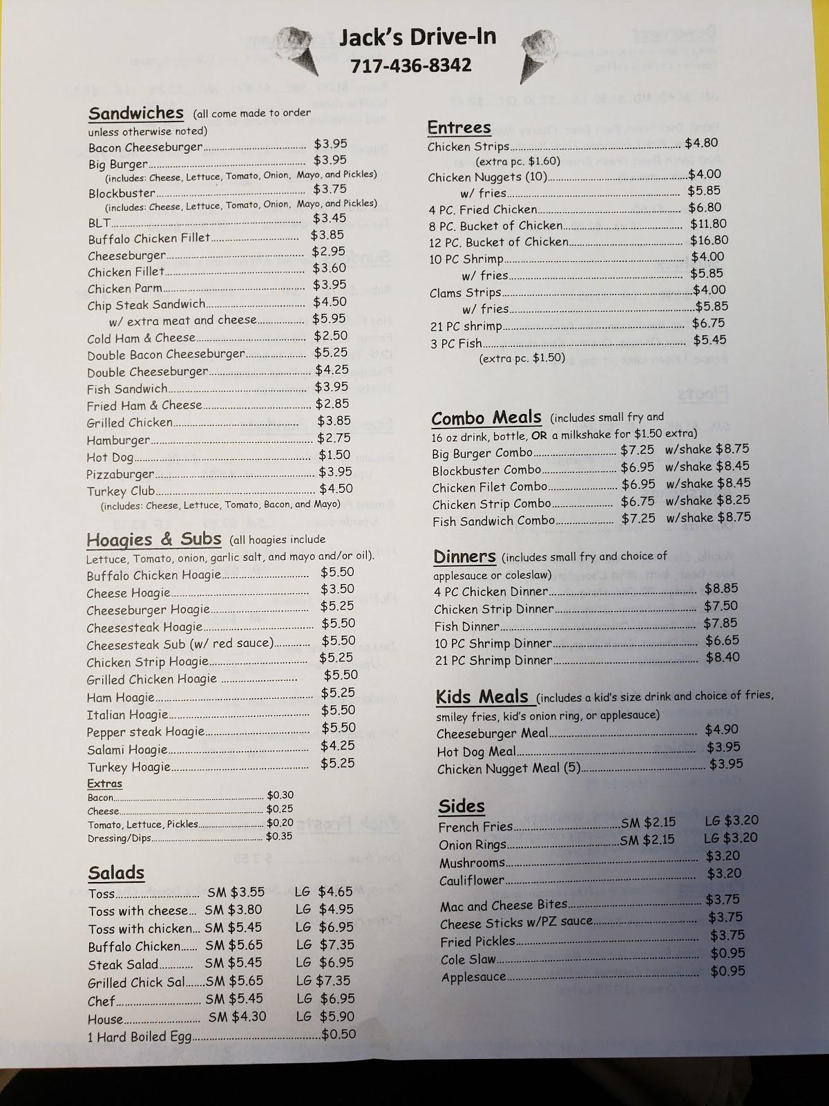 Menu at Jack's DriveIn Twin Serve restaurant, Mifflin