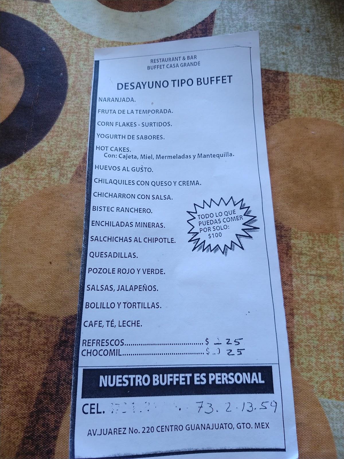 Menu at Breakfast buffet casa grande restaurant, Guanajuato