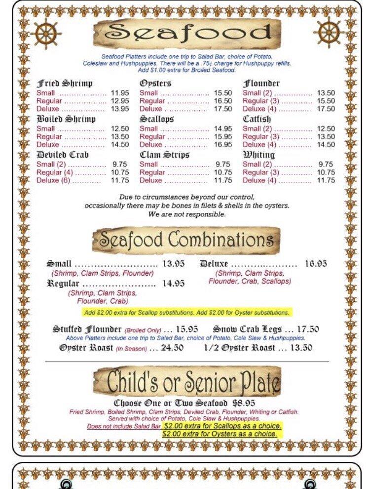 Menu at Dale's Seafood restaurant, Lake Waccamaw
