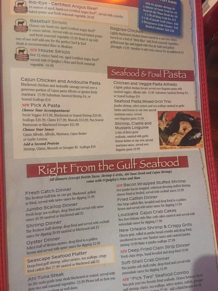 Menu at O'Quigley's Seafood Steamer & Oyster Sports Bar, Destin