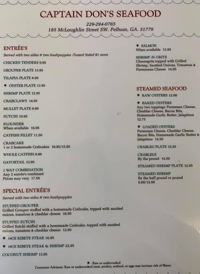 Menu at Capt. Don's Seafood restaurant, Pelham