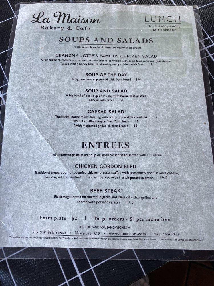 Menu at La Maison restaurant, Newport