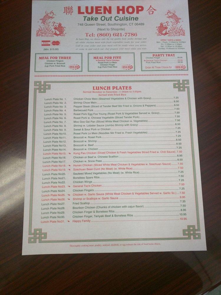 Menu at Luen Hop Chinese restaurant, Southington