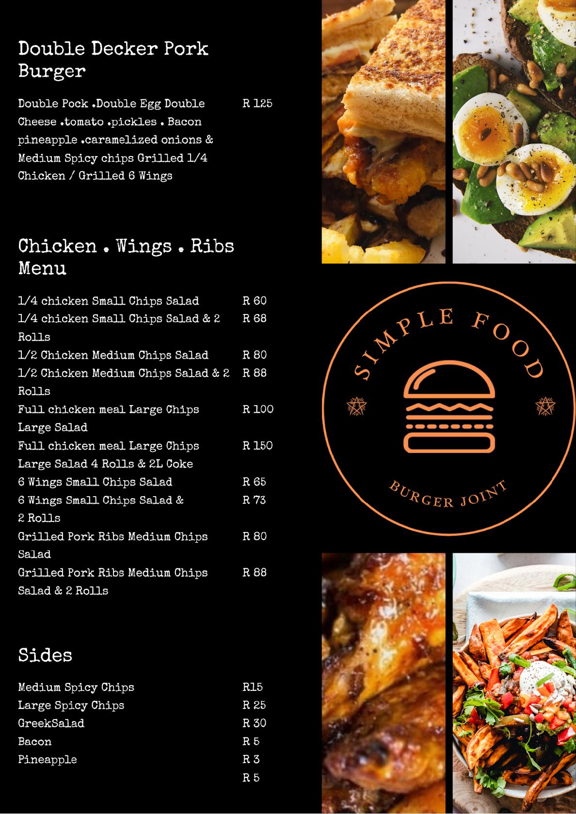 Speisekarte Von Simple Food Burger Joint Restaurant Soweto