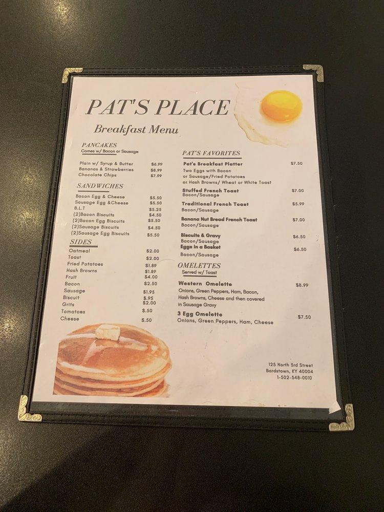 Menu at Pat's Place restaurant, Bardstown