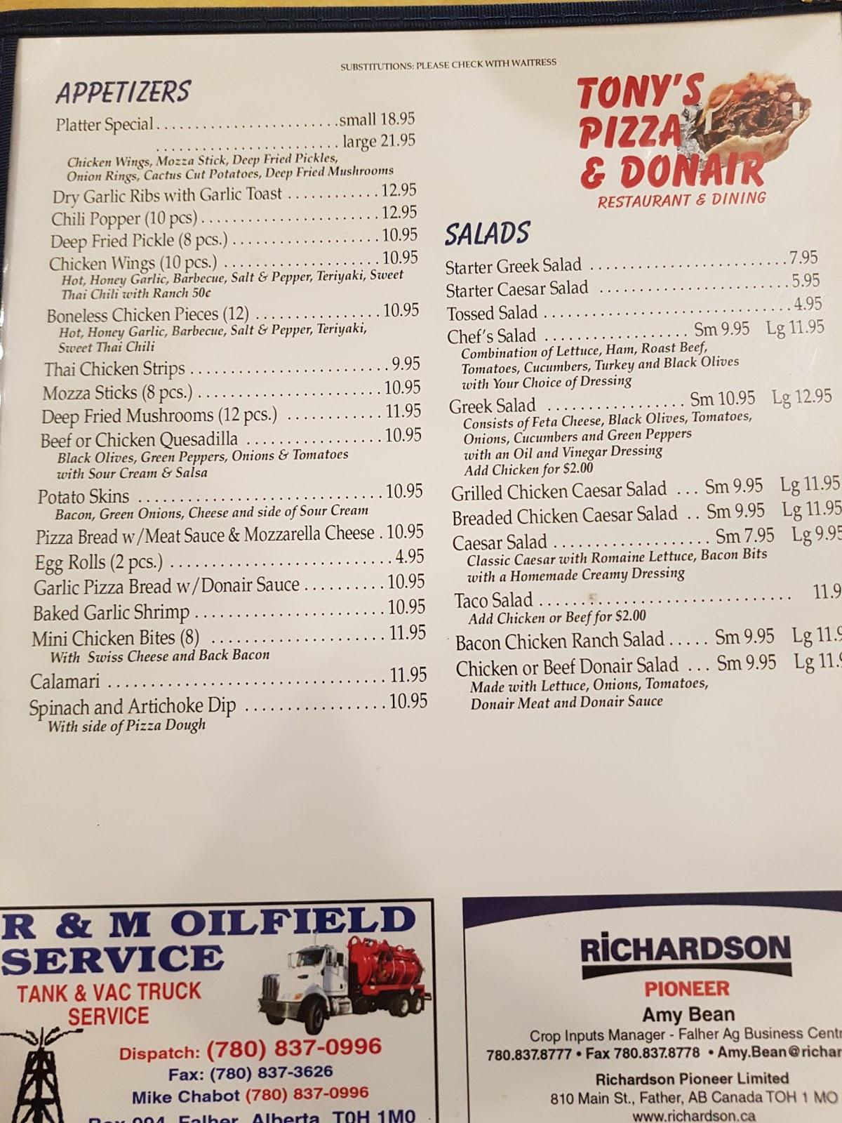 Menu at Tony's Donair restaurant, Falher