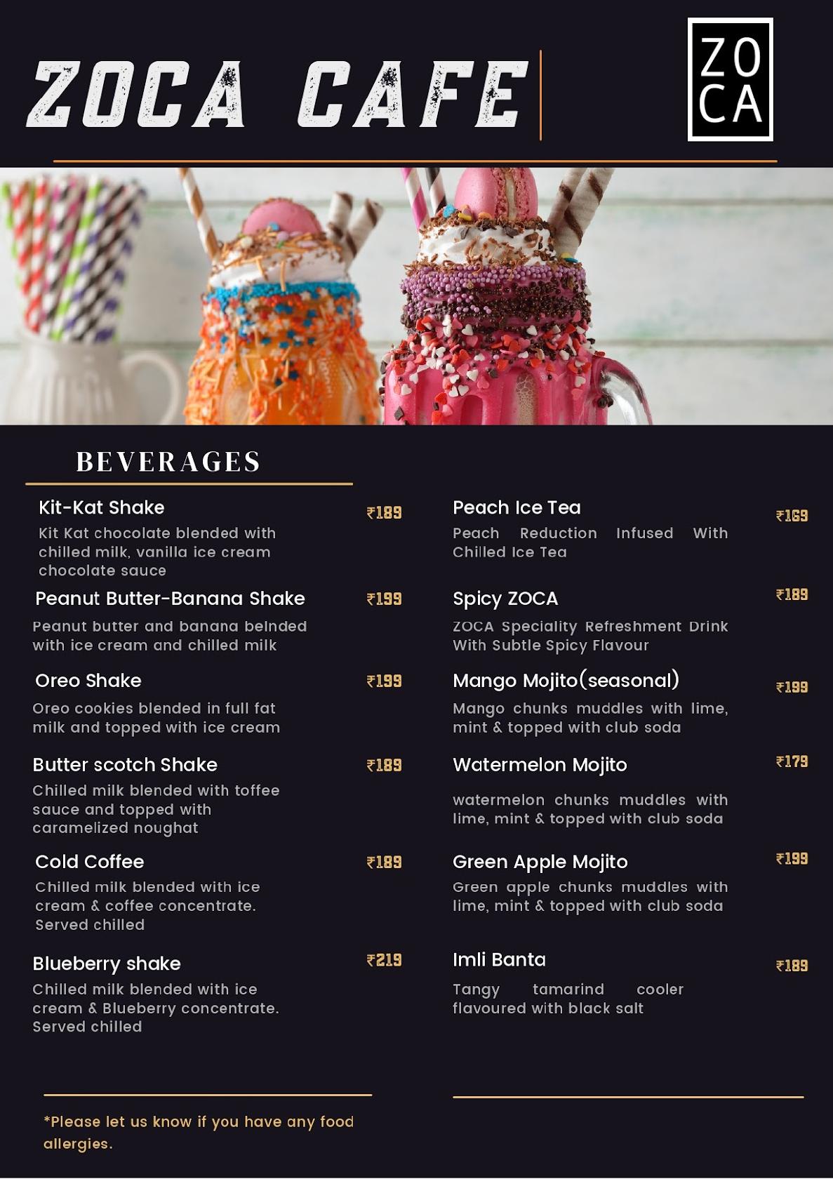 Zoca Panipat cafe menu